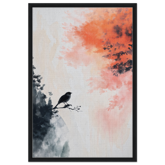 Silhouette of a bird on a branch for Bird’s Fiery Sojourn framed canvas print