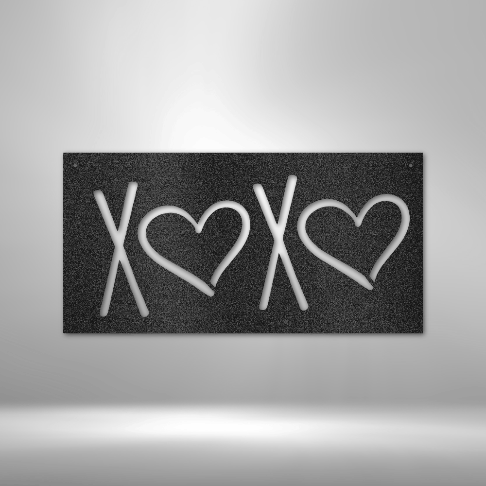 Stylized text ’XOXO’ with hearts replacing the O’s on a dark background.