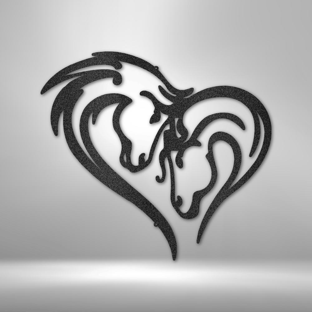 Stylized heart-shaped design incorporating two horse heads facing each other.