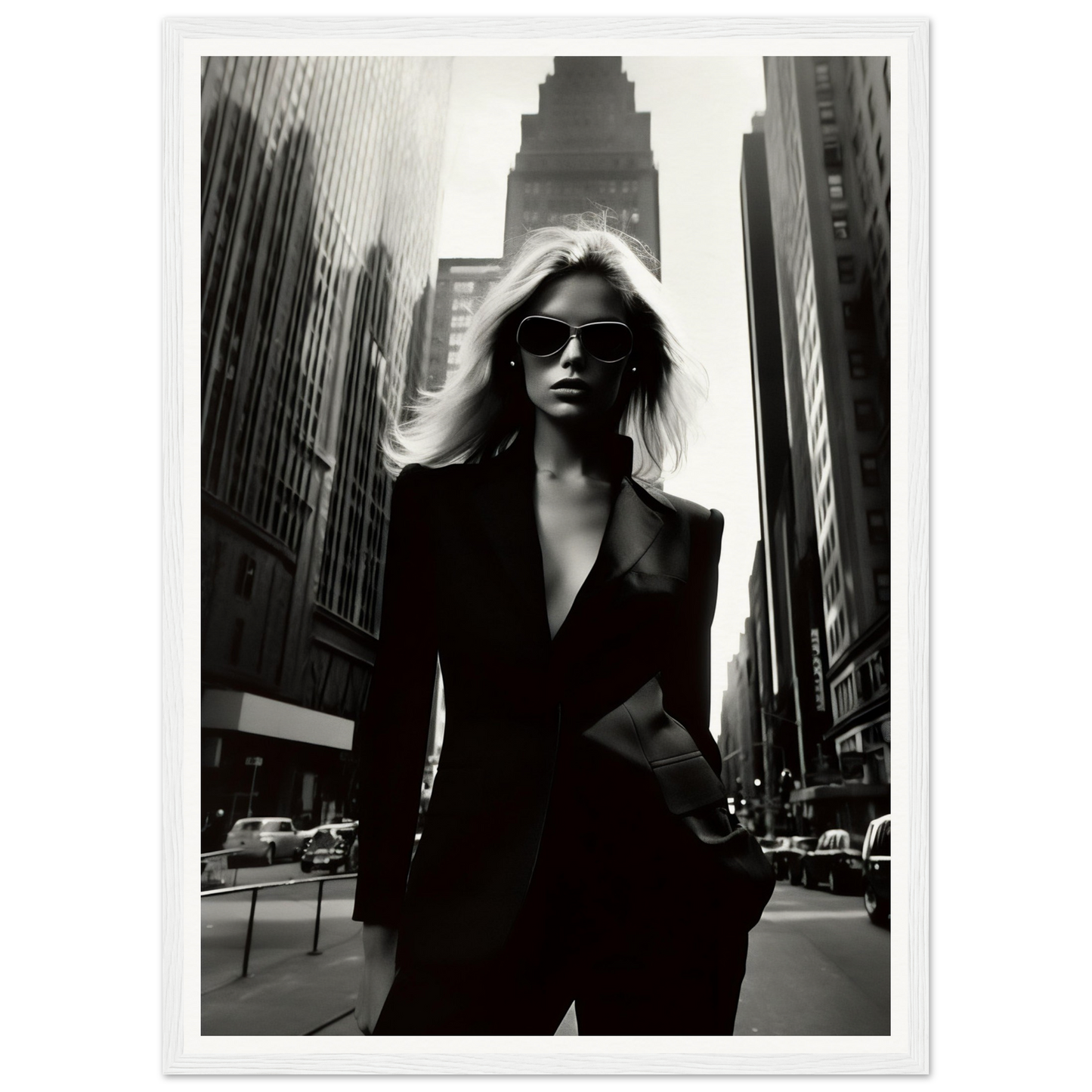 Stylish woman in a black suit and sunglasses standing confidently on a city street.