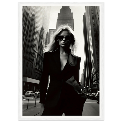 Stylish woman in a black suit and sunglasses standing confidently on a city street.