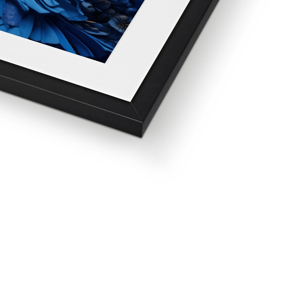 A black frame with a blue flower in it