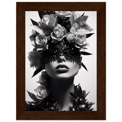 Black and white artistic portrait featuring a figure adorned with roses and an ornate eye covering.