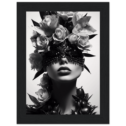 Black and white portrait featuring a figure adorned with roses and an ornate eye covering.