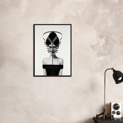 Framed black and white artistic portrait featuring a stylized figure with geometric elements obscuring the face.