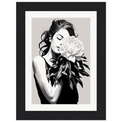 A black and white illustration of a woman holding a flower