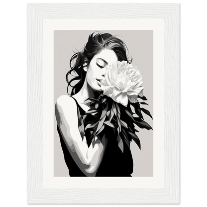 A black and white illustration of a woman holding a flower