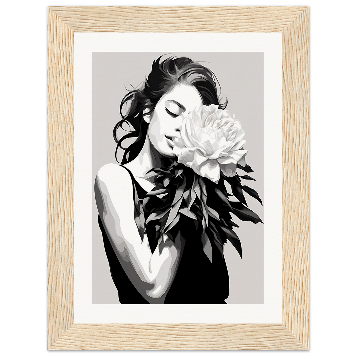 A black and white illustration of a woman holding a flower