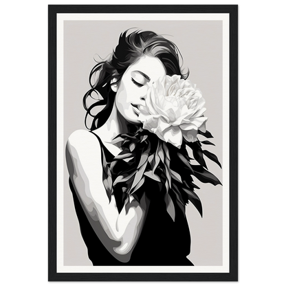 A black and white illustration of a woman holding a flower