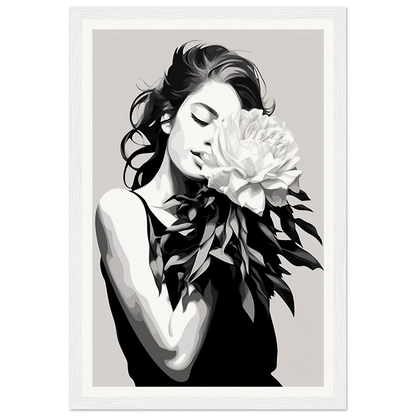 A black and white illustration of a woman with a flower