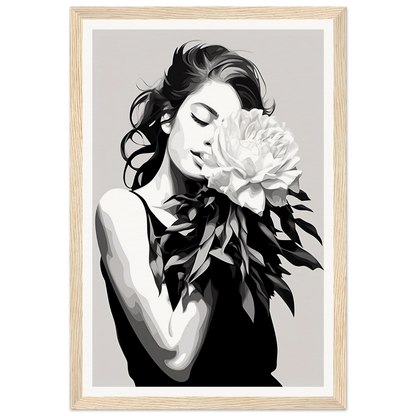 A black and white illustration of a woman holding a flower