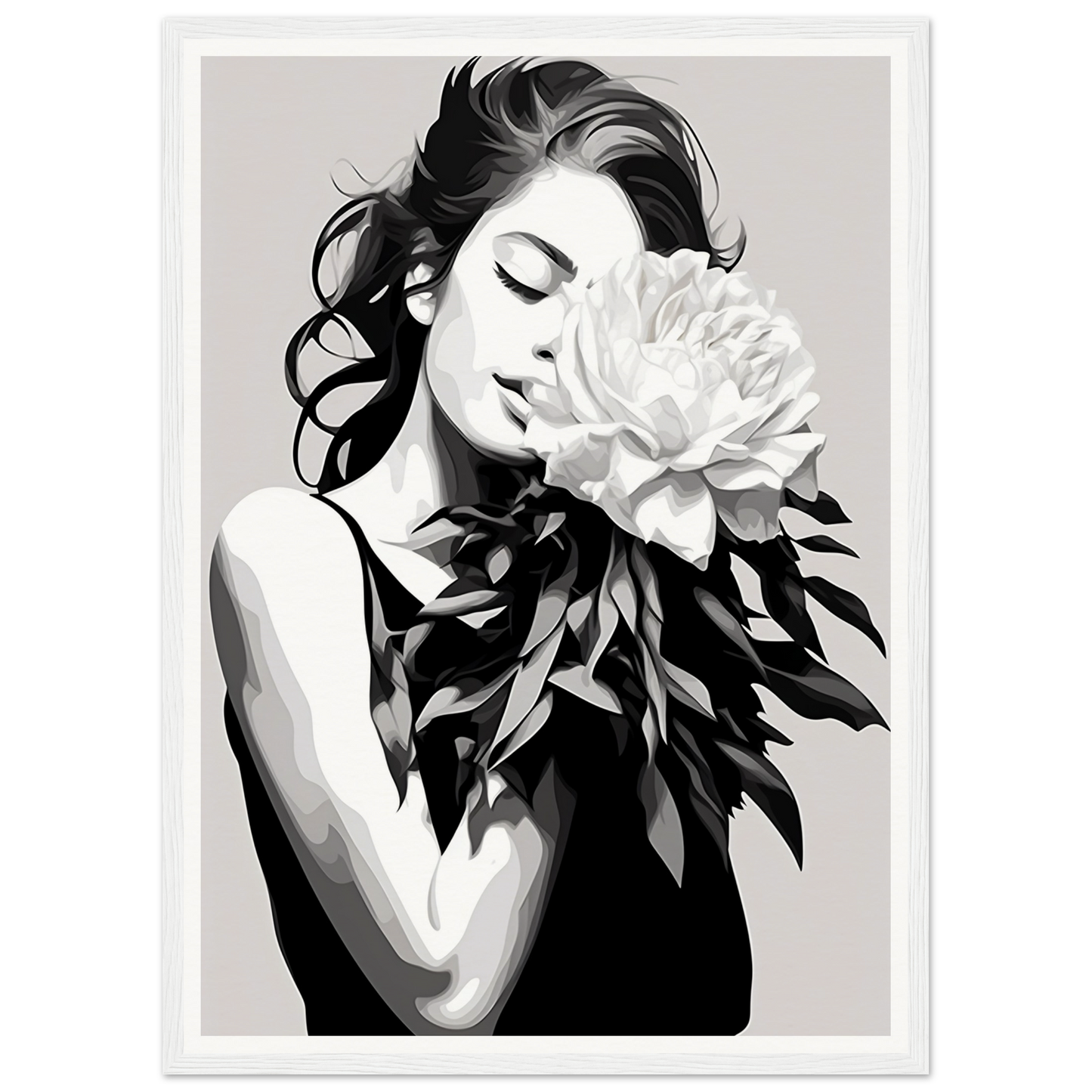 A black and white illustration of a woman with a flower