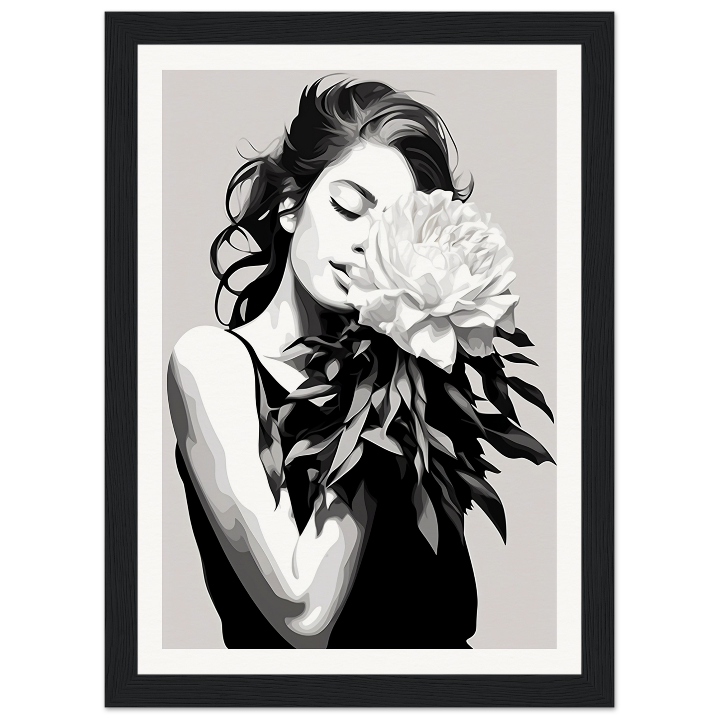 A black and white illustration of a woman with a flower