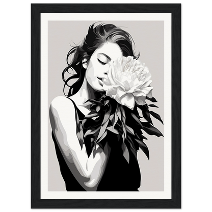 A black and white illustration of a woman with a flower