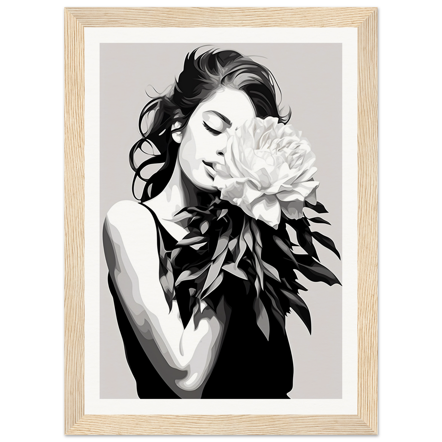 A black and white illustration of a woman with a flower