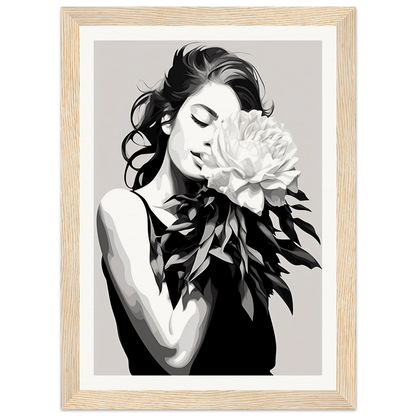 A black and white illustration of a woman with a flower