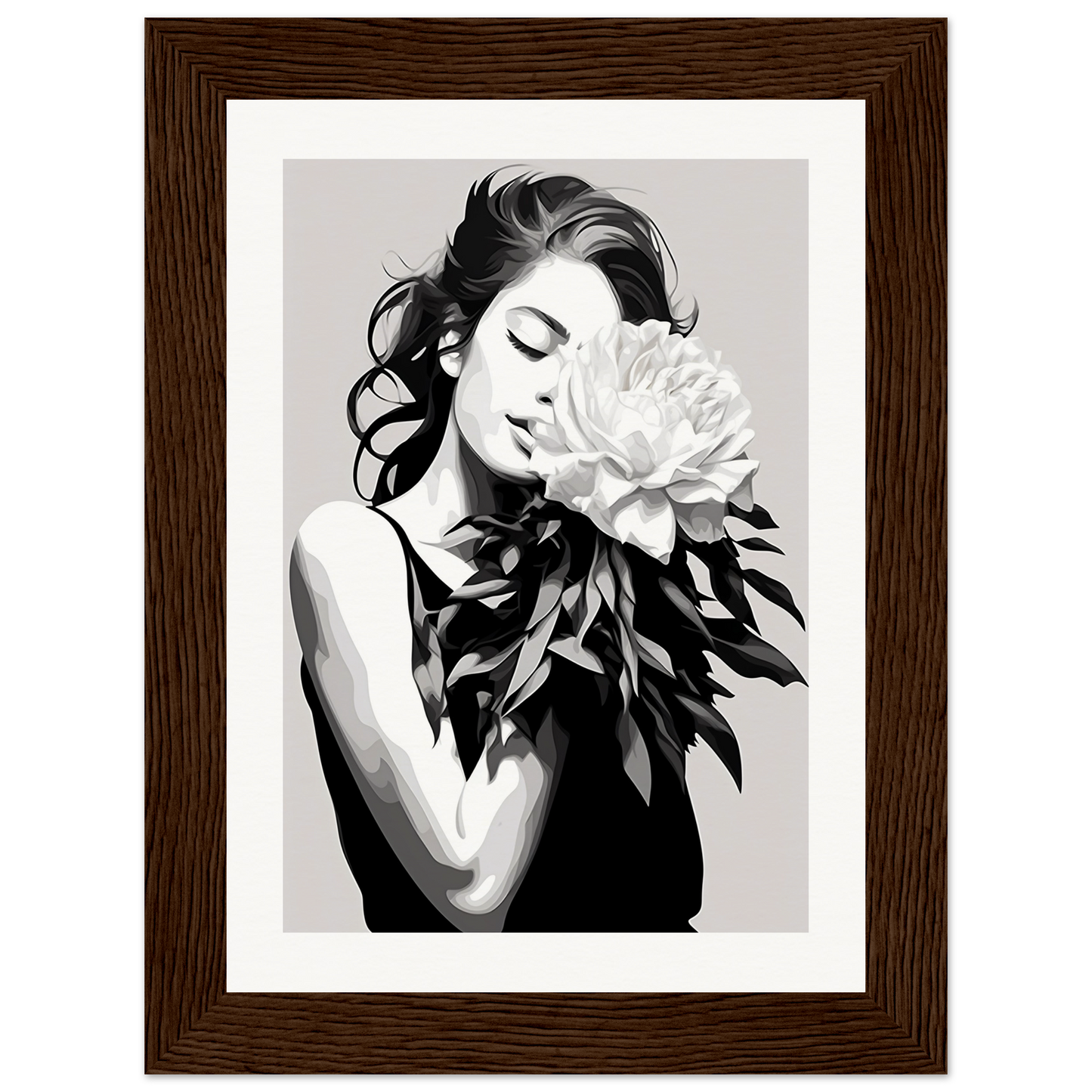 A black and white painting of a woman holding a flower