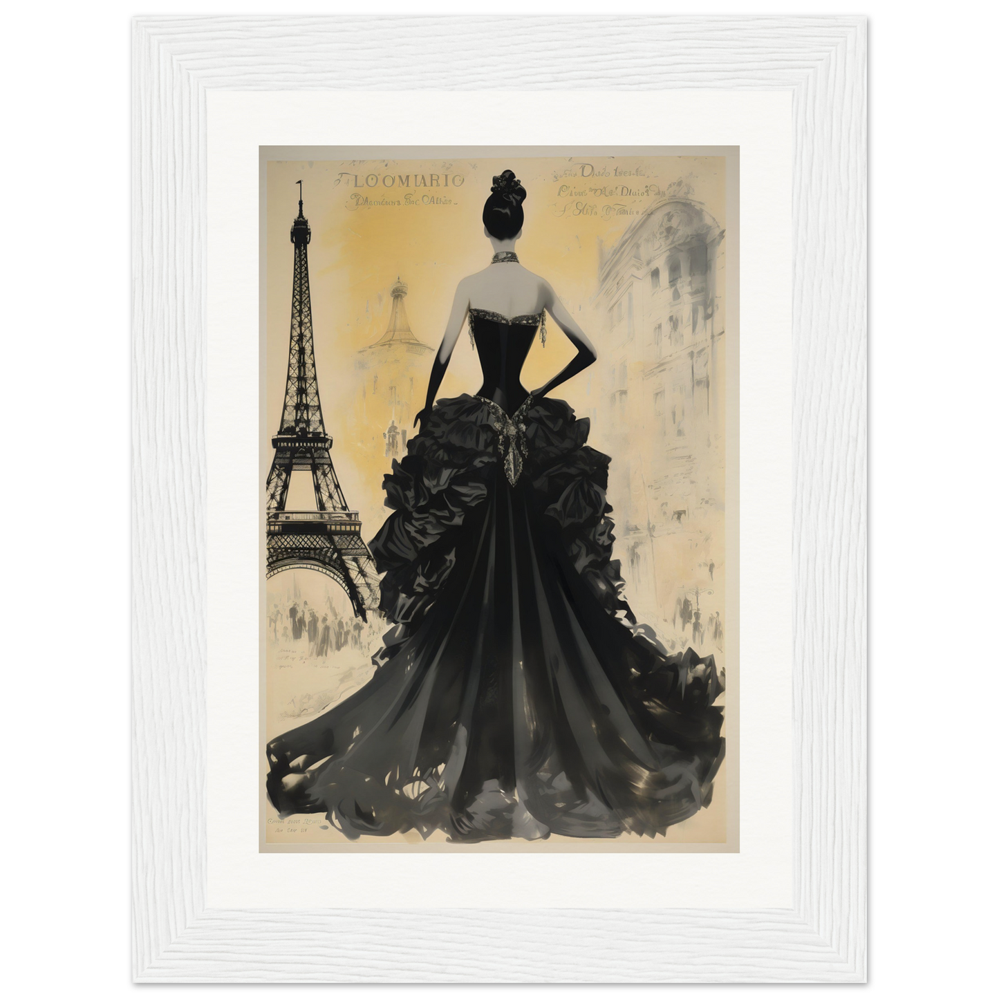 A black and white painting of a woman in a dress with the eiff tower in the background