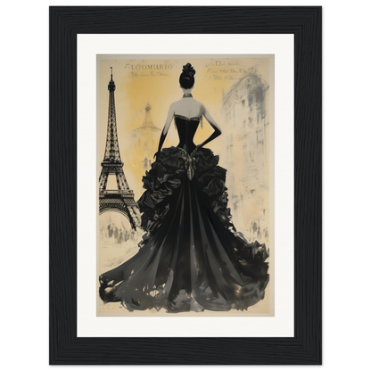 A black and white painting of a woman in a black dress with the eiff tower in the background