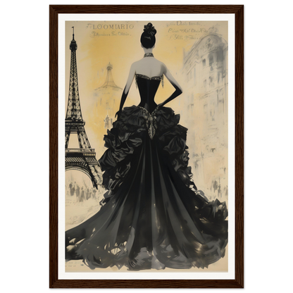 A black and white painting of a woman in a black dress with the eiff tower in the background