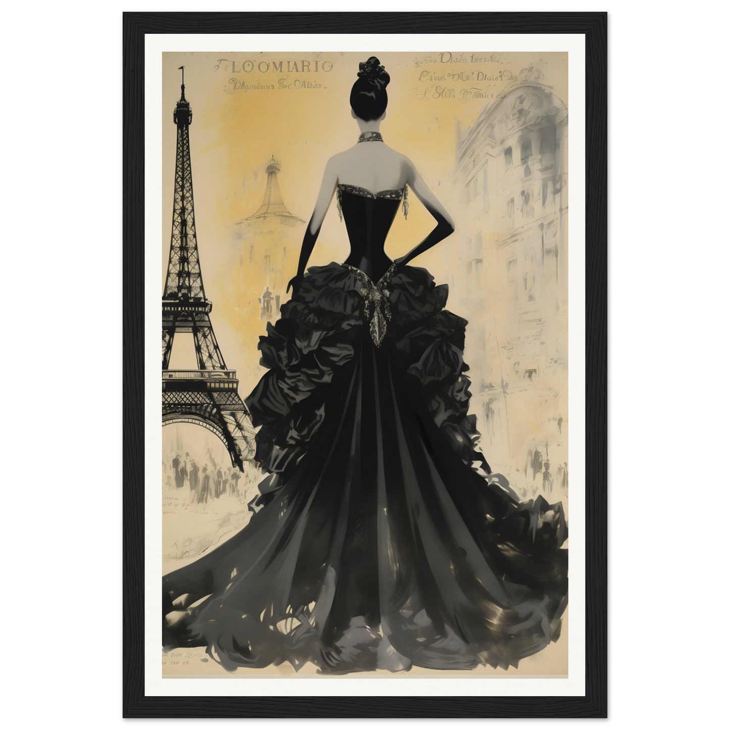 A black and white painting of a woman in a black dress with the eiff tower in the background