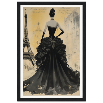 A black and white painting of a woman in a black dress with the eiff tower in the background