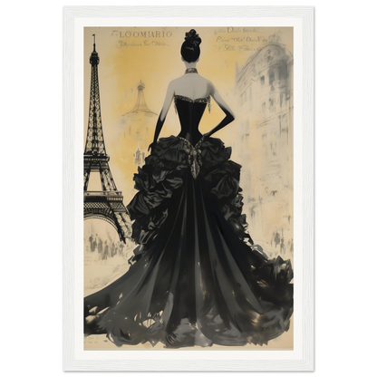 A black and white painting of a woman in a black dress with the eiff tower in the background