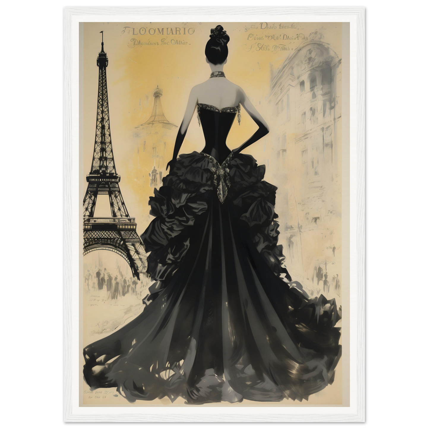 A black and white painting of a woman in a dress with the eiff tower in the background