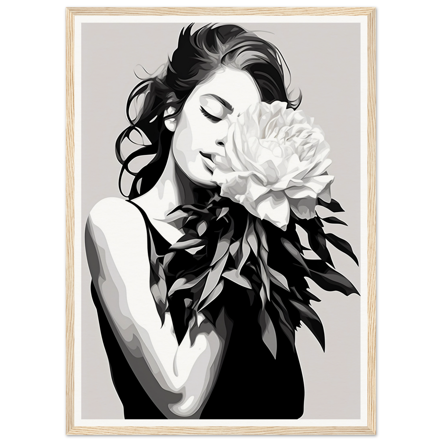 A black and white painting of a woman with a flower