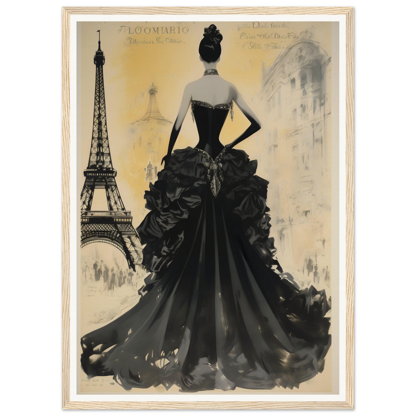 A black and white painting of a woman in a dress with the eiff tower in the background