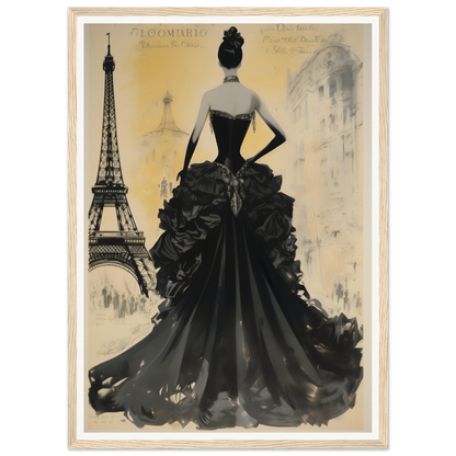 A black and white painting of a woman in a dress with the eiff tower in the background