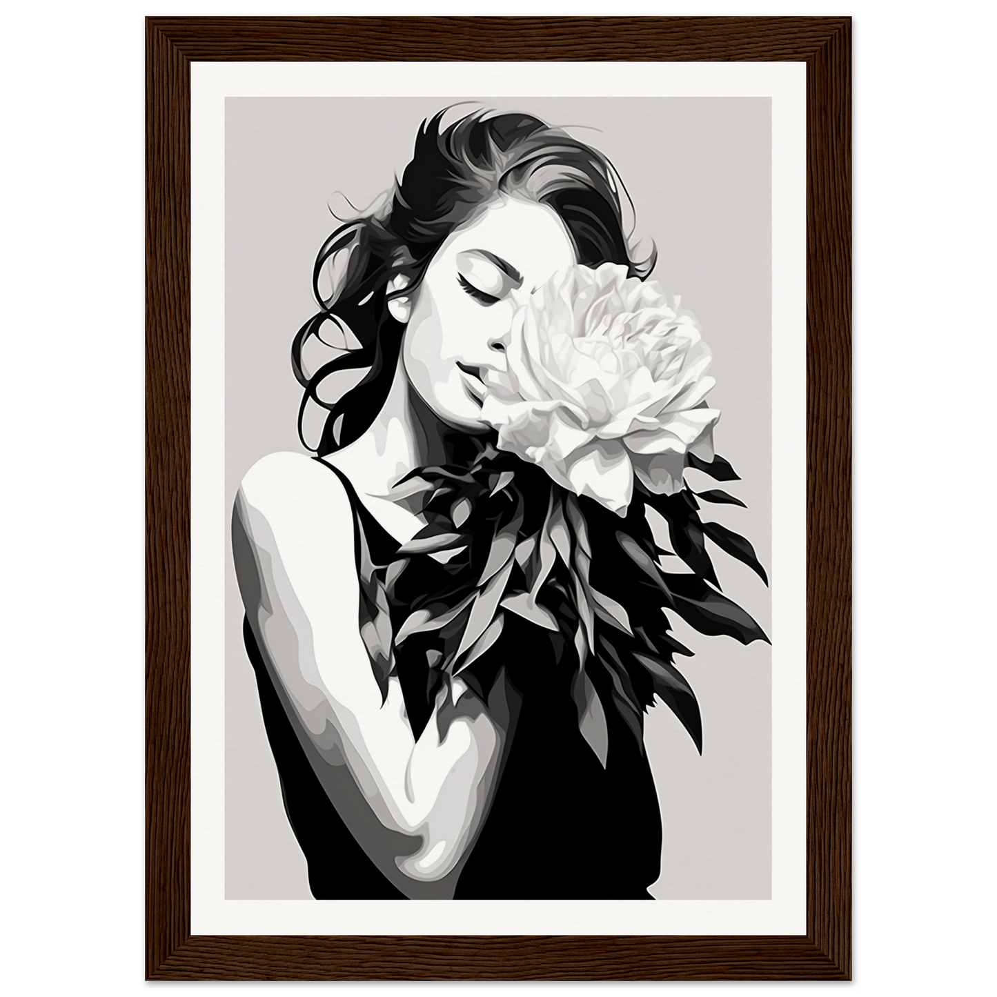 A black and white painting of a woman with a flower