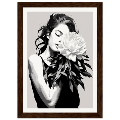 A black and white painting of a woman with a flower