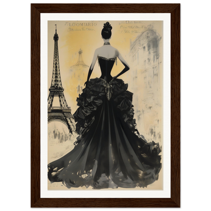 A black and white painting of a woman in a black dress with the eiff tower in the background