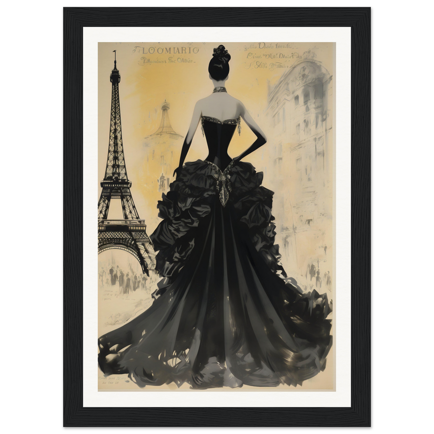 A black and white painting of a woman in a black dress with the eiff tower in the background