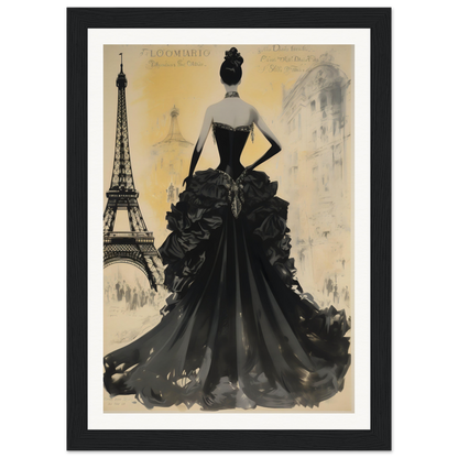 A black and white painting of a woman in a black dress with the eiff tower in the background