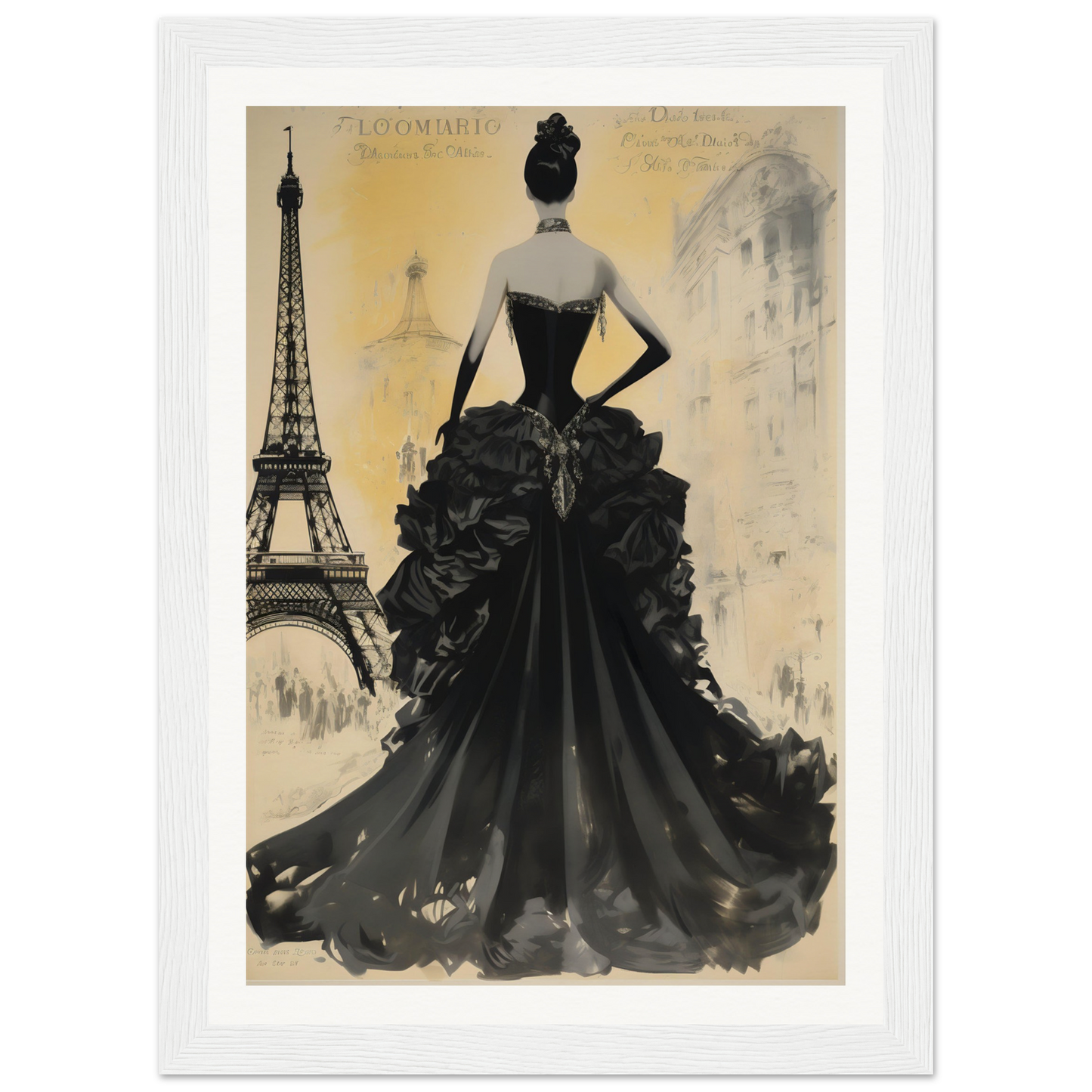 A black and white painting of a woman in a dress with the eiff tower in the background