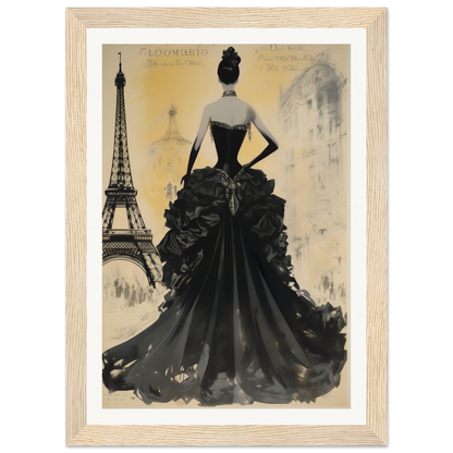 A black and white painting of a woman in a dress with the eiff tower in the background