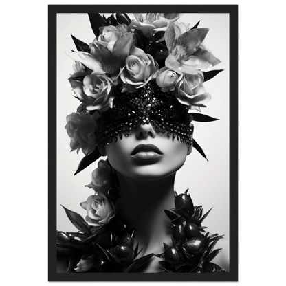 Artistic black and white portrait featuring a figure adorned with roses and a beaded eye covering.