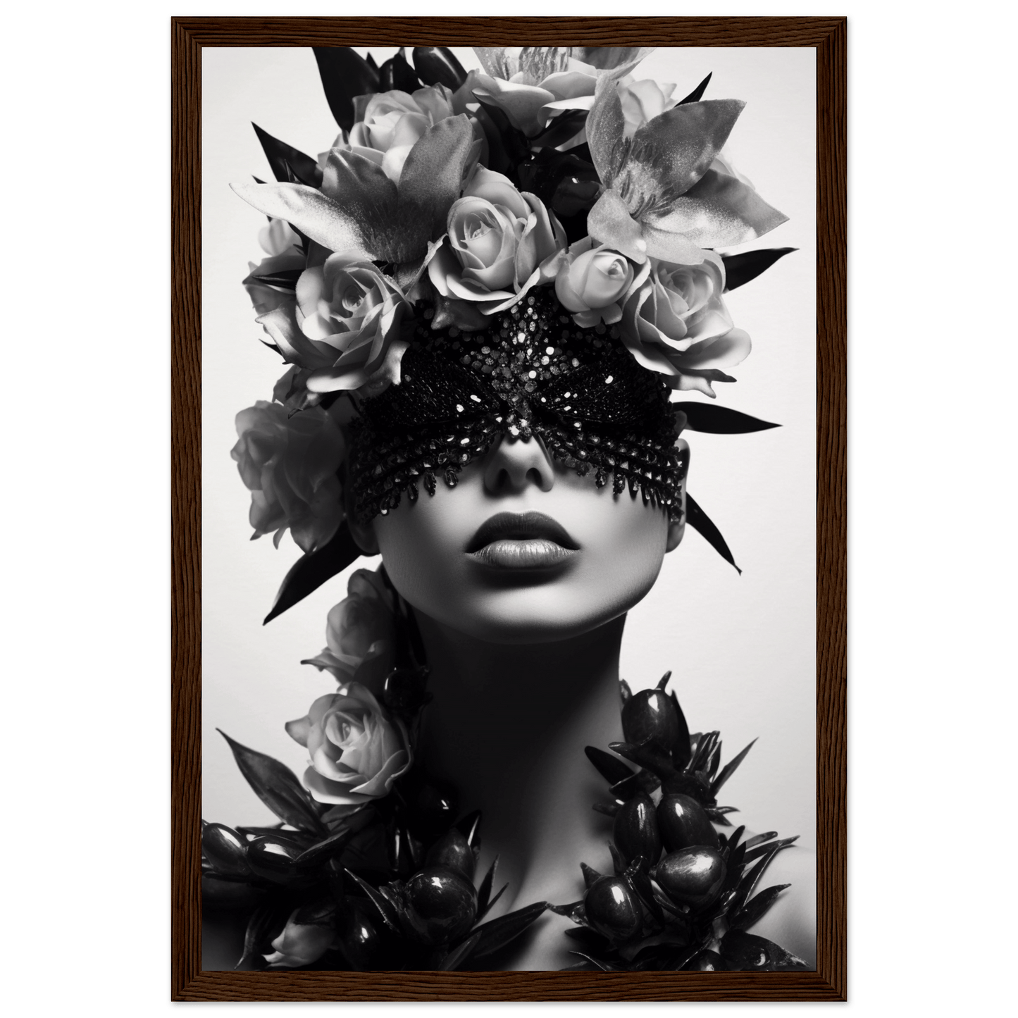 Artistic black and white portrait featuring a figure adorned with roses and a sparkling eye covering.