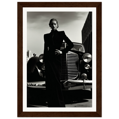 A black and white photo of a man in a suit leaning on a car