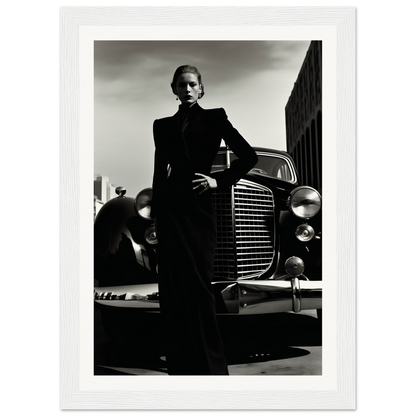 A black and white photo of a man in a suit leaning on a car