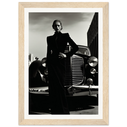 A black and white photo of a man in a suit leaning on a car