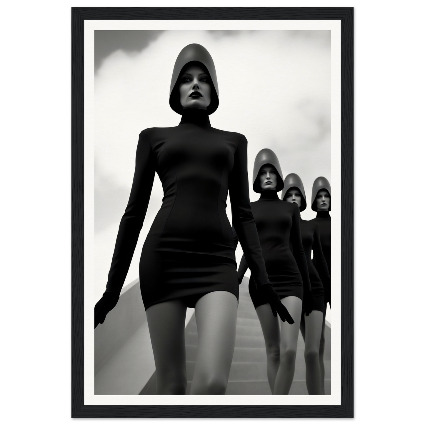 A black and white photo of three women in black dresses