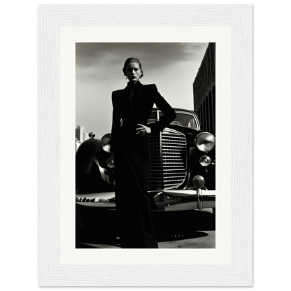 A black and white photo of a woman leaning on a car