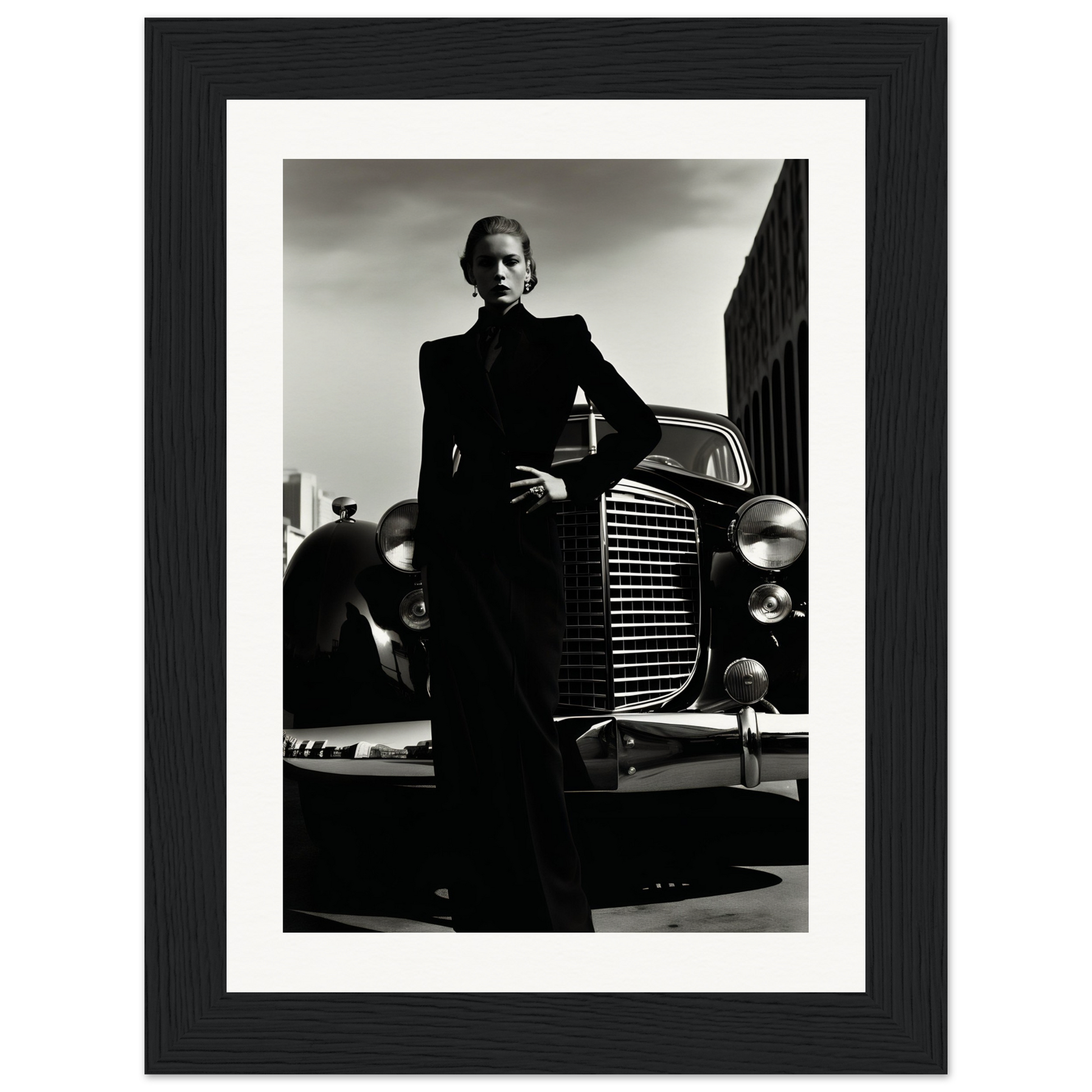 A black and white photo of a woman leaning on a car