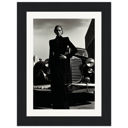 A black and white photo of a woman leaning on a car