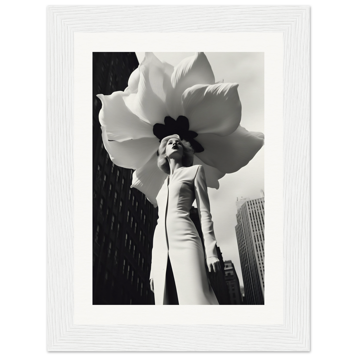 A black and white photo of a woman in a white dress with a large flower on her head