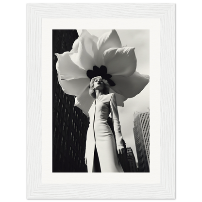 A black and white photo of a woman in a white dress with a large flower on her head