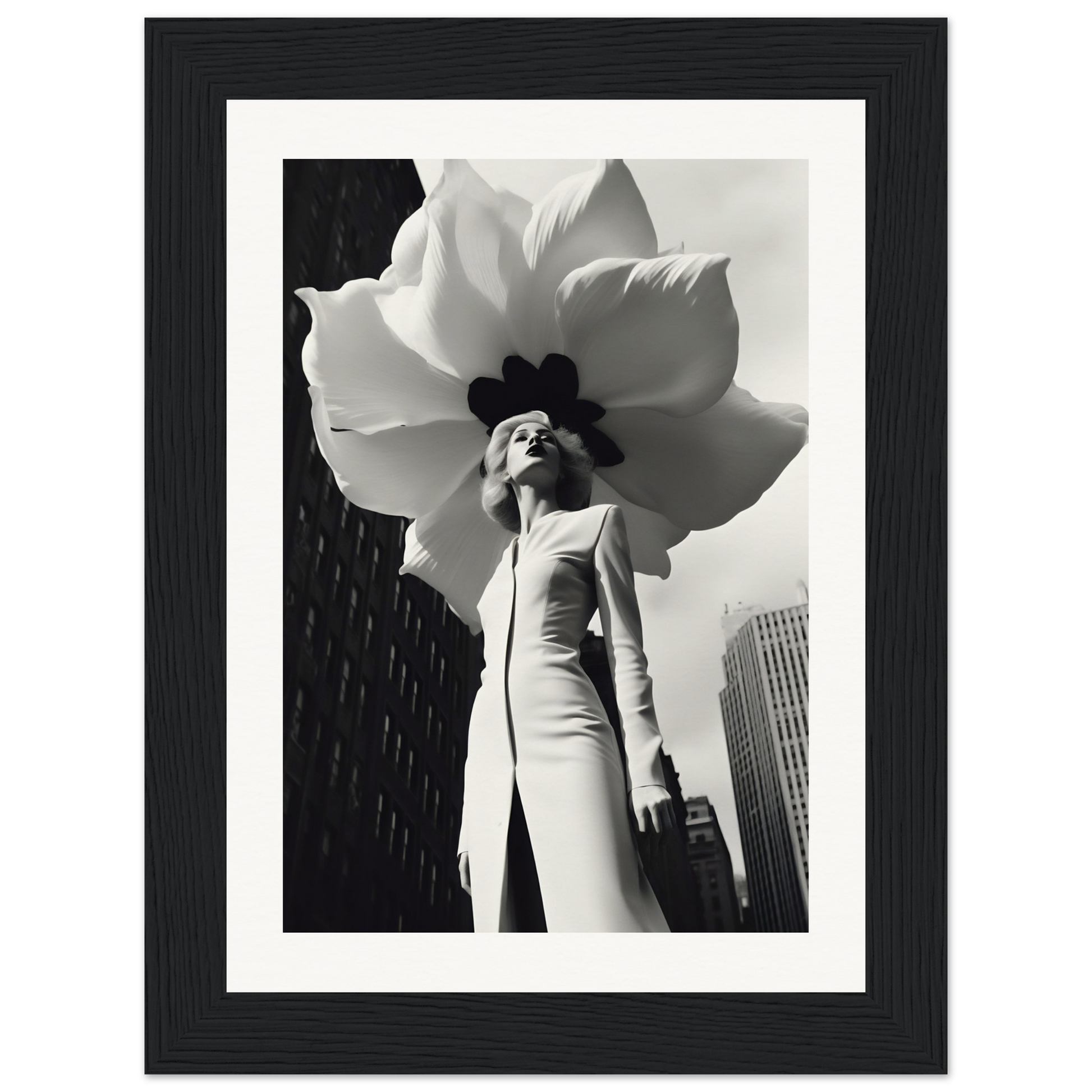 A black and white photo of a woman in a white dress with a large flower